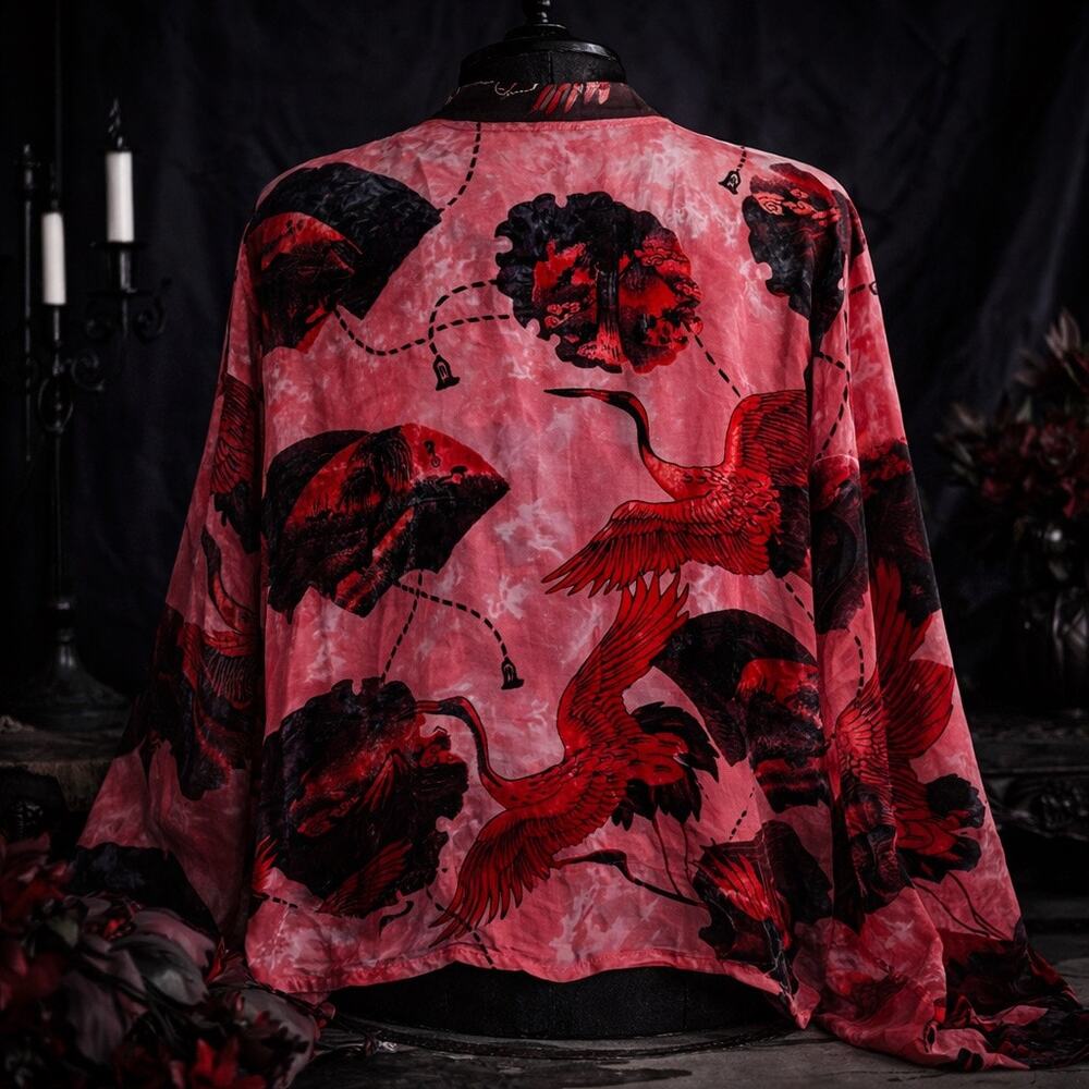 Vintage Citron Red Silk Velvet Burnout Crane Print Kimono Blazer Topper Womens L